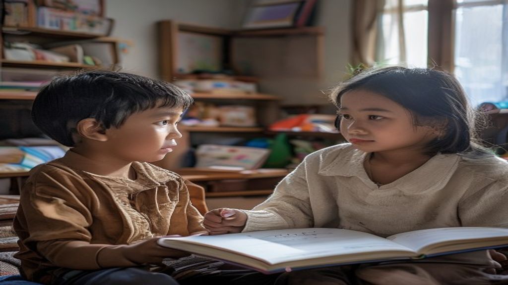 Anak kecil terlihat gelisah, menatap buku dengan susah fokus belajar di meja belajar