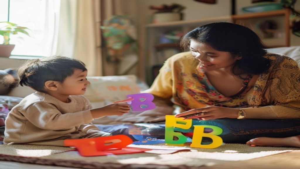 Anak belajar membaca dengan buku bergambar, guru menunjuk huruf, menstimulasi minat baca sejak dini