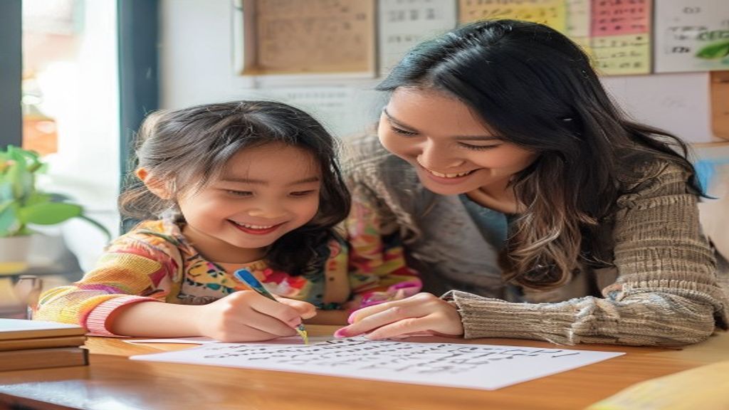 Orang tua mengajarkan anak menulis dengan cara yang menyenangkan dan mudah dipahami.