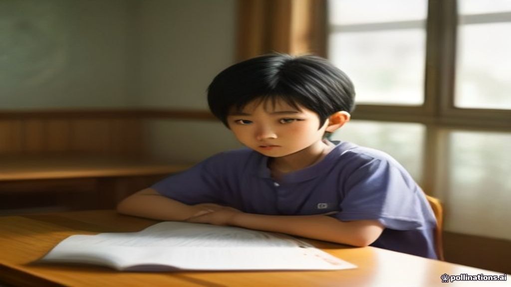 Ilustrasi anak susah fokus belajar saat mengerjakan tugas sekolah di meja kamar.