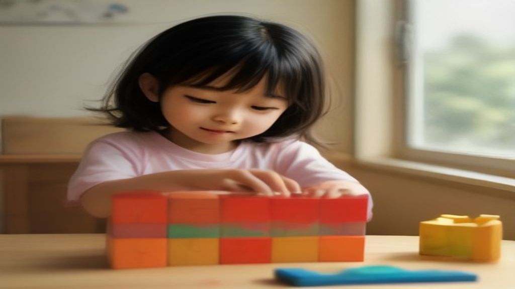 Kegiatan belajar sambil bermain anak menggunakan mainan susun balok kayu edukatif warna-warni.