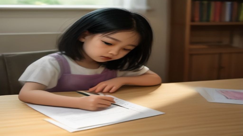 Anak belajar menulis dengan bantuan orang tua, meniru huruf sambil tersenyum.