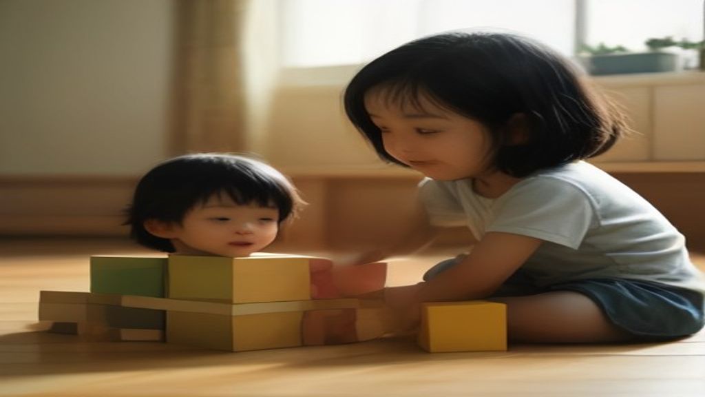 Ibu sedang memberikan stimulasi anak usia dini melalui permainan edukatif warna-warni di ruang keluarga.